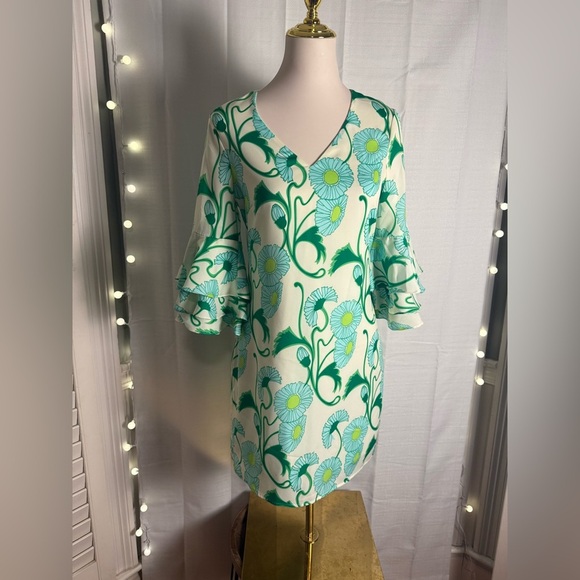 Julie Brown Graphic Green and Yellow Midi Dress - Picture 1 of 8